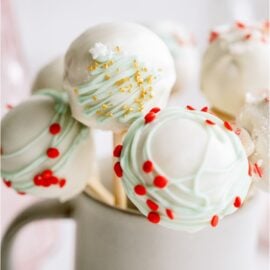 White Chocolate, Christmas Decorated Cake Pops in a mug.