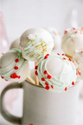 White Chocolate, Christmas Decorated Cake Pops in a mug.