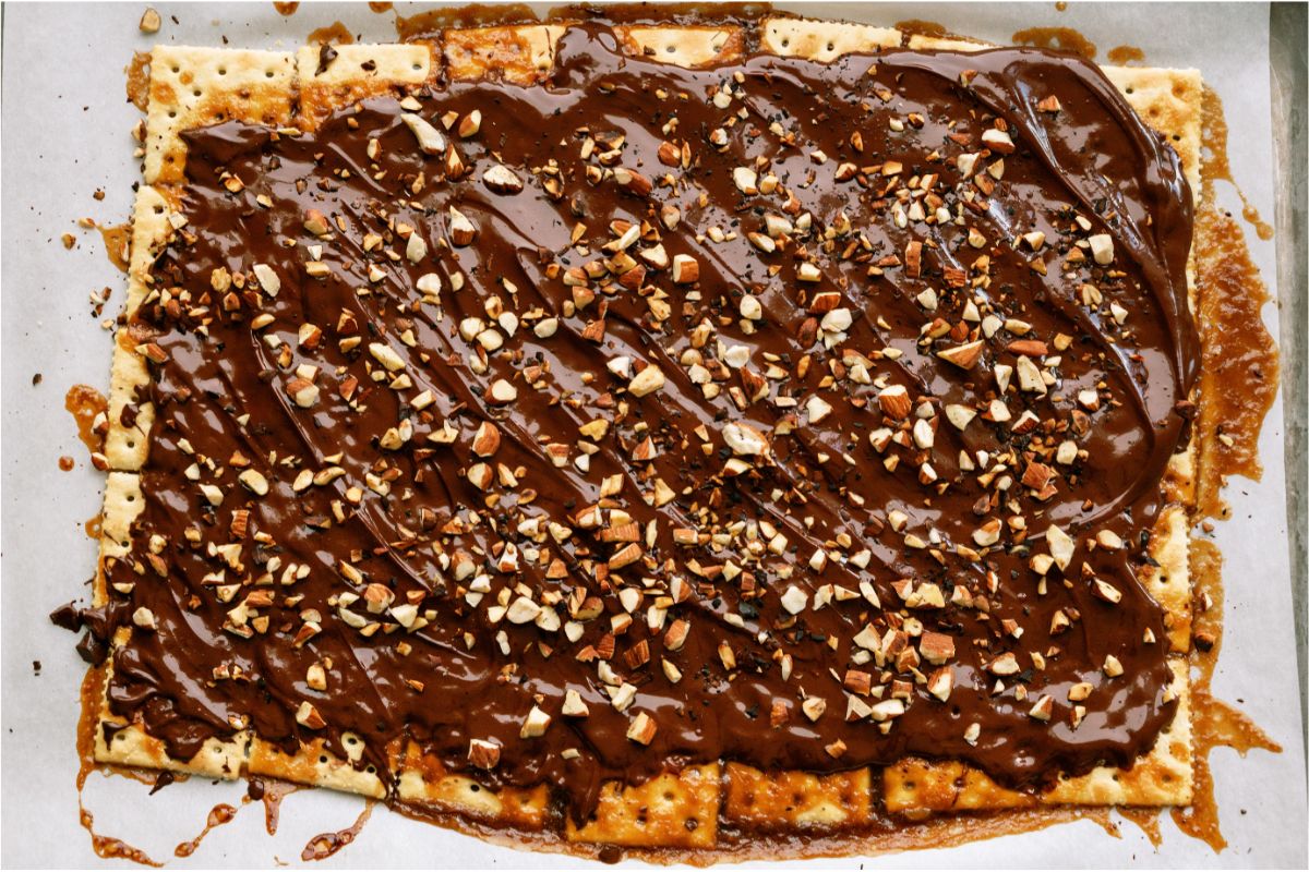 Top view of Christmas Crack in sheet pan.