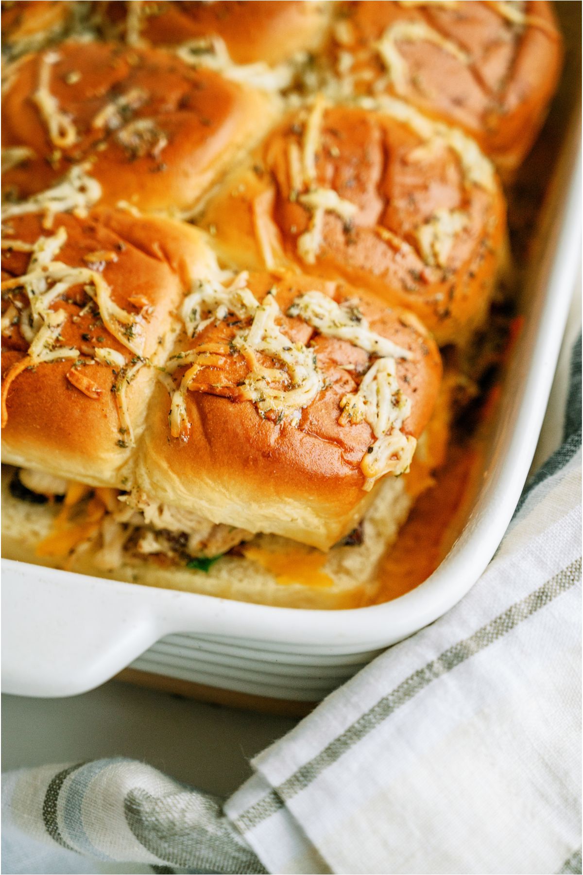 Top view of a pan of Crack Chicken Sliders.