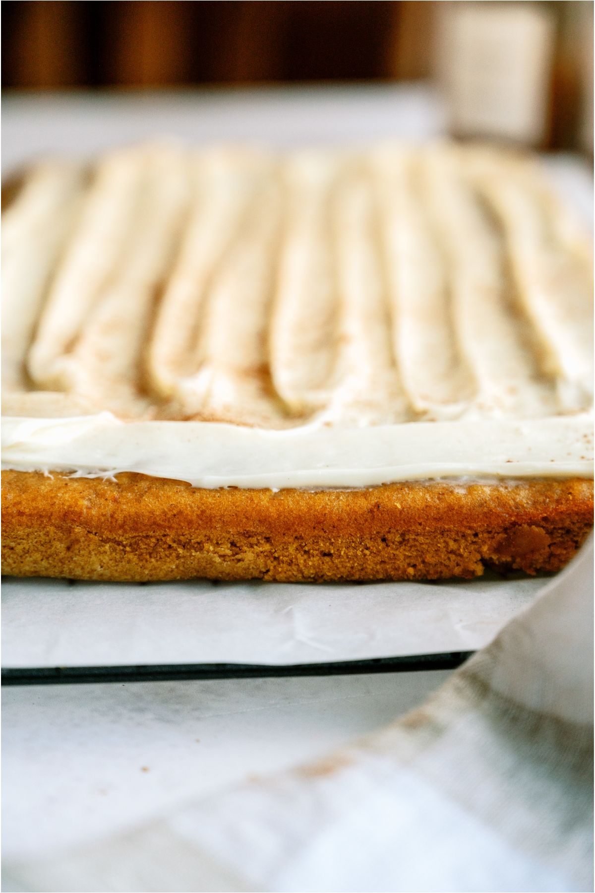 Cream Cheese frosted Pumpkin Bars before being cut.