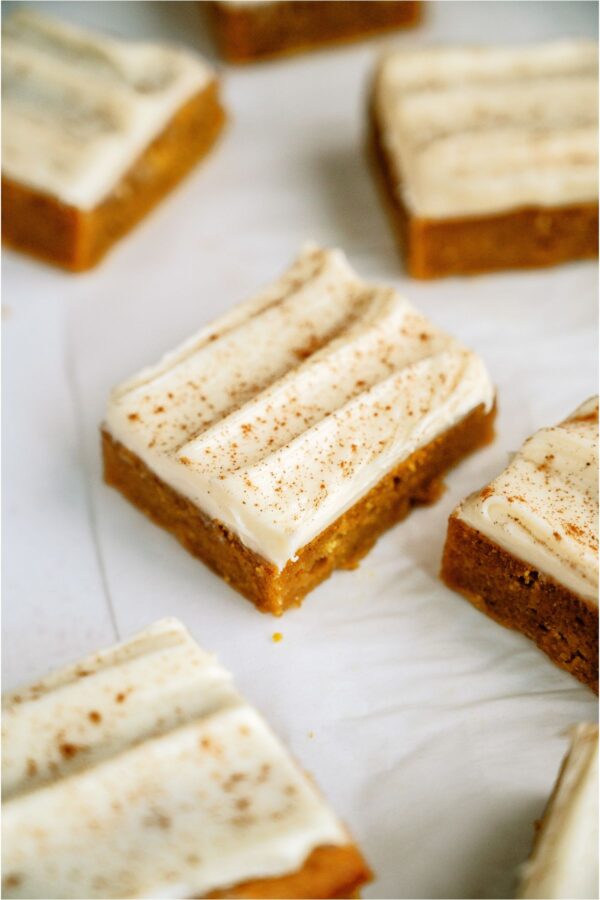 Square Pumpkin Bars with cream cheese frosting.