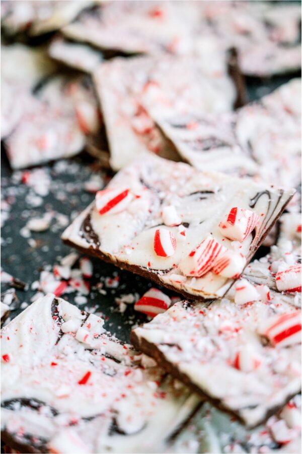 Broken pieces of Peppermint Bark.