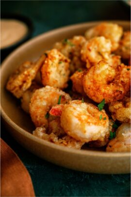 A bowl filled with homemade fried Bang Bang Shrimp.