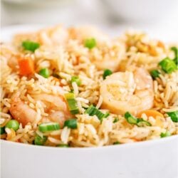 A white bowl filled with Shrimp Fried Rice.