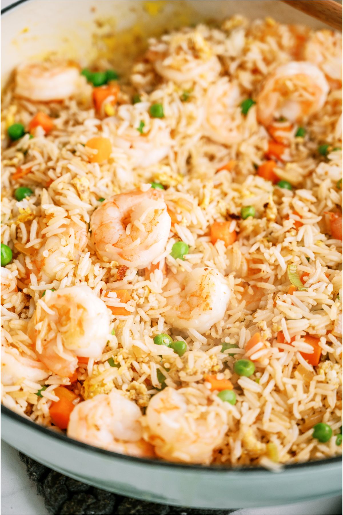 Close up of Shrimp Fried Rice in a skillet.